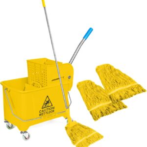 Curvaso 20L Kentucky Mop Bucket Set with Wringer System, Pole and 2 Mop Heads, Yellow