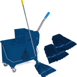 Curvaso 20L Kentucky Mop Bucket Set with Wringer System, Pole and 2 Mop Heads, Blue