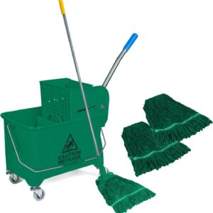 Curvaso 20L Kentucky Mop Bucket Set with Wringer System, Pole and 2 Mop Heads, Green