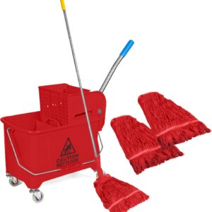 Curvaso 20L Kentucky Mop Bucket Set with Wringer System, Pole and 2 Mop Heads, Red